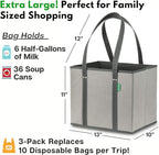 Creative Green Life Reusable Grocery Bags (3 Pack) – Heavy Duty Reusable Shopping Bags with Box Shape to Stand Up, Stay Open, Fold Flat – Large Tote Bags with Long Handles & Reinforced Bottom (Gray)