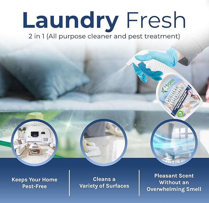 Spotless Essentials - Indoor Pest Control Spray & Multi-Surface Cleaner for Home and Kitchen - Kills Dust Mites, Bed Bugs, Ants, Lice - Child & Pet Friendly - 24oz (Laundry Fresh Scent)