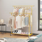 Calmootey Double Rod Clothing Garment Rack,Rolling Hanging Clothes Rack,Portable Clothes Organizer for Bedroom,Living Room,Clothing Store,Gold