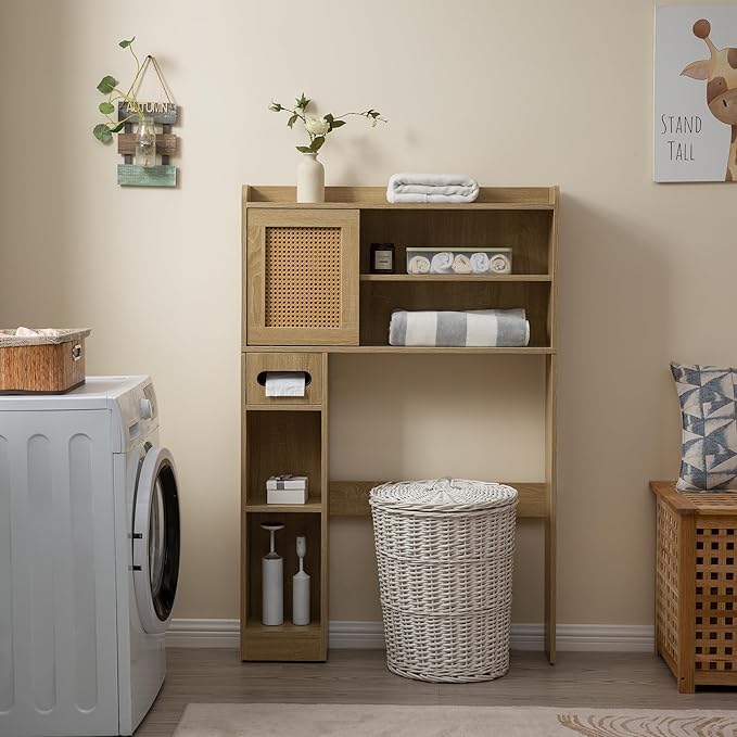 6Tier Over The Toilet Storage Cabinet, Freestanding Above Toilet Space Saver Rack w/Adjustable Shelves, Sliding Door, Multifunctional Over Toilet Organizer for Bathroom (Burlywood)