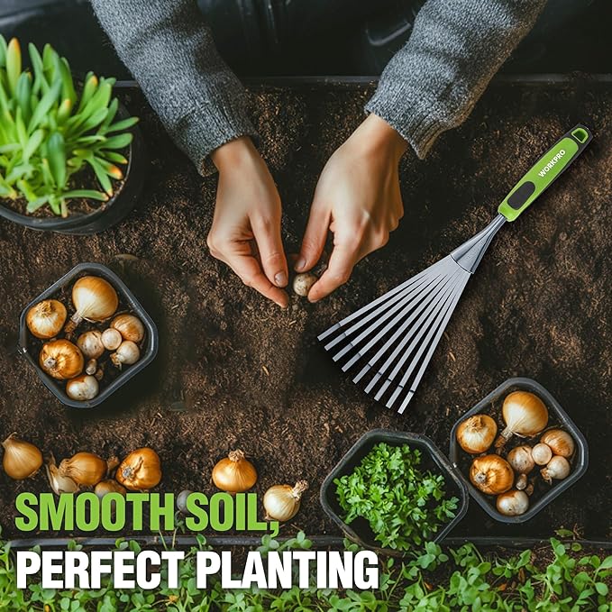 WORKPRO 16" Hand Rake, Heavy Duty Stainless Steel Garden Rake with Soft Handle, Small Garden Hand Tool for Gardening, Cultivating, Loosening Soil & Spreading Mulch, Flower Beds