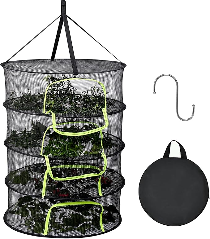 LUKETURE 4-Layer Hanging Herb Dryer Rack - with U-Zipper Mesh Net & Hook, Foldable Collapsible Drying Rack for Plants, Herbs, Flowers, Fish, Jerky, Laundry