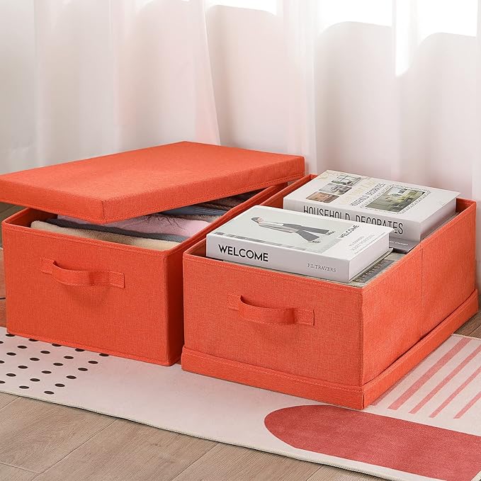 HOONEX Storage Bins with Lids for Organizing, Pack of 2, Storage Boxes with 2 Carrying Handles and Sturdy Heavy Cardboard, 16.5" L x 11.8" W x 7.5" H for Shoes, Books, Clothes, Nursery, Orange