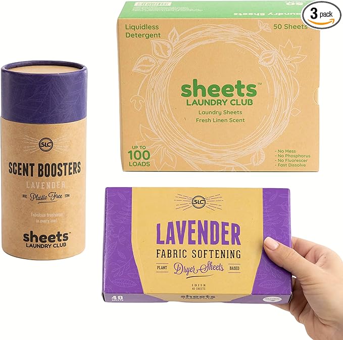 Sheets Laundry Club Bundle - 50 Pack (up to 100 loads) Fresh Linen Detergent Sheets, 40 Pack Lavender Dryer Sheets & 8 Oz. Lavender Scent Booster - New Liquidless Technology