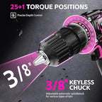 Cordless Drill Set, 12V Power Drill with 2.0Ah Battery and 2-Speed, 30Nm Torque, 25+1 Clutch Settings, 3/8" Keyless Chuck, Pink Electric Drills for Home DIY, Wood, Metal, Plastic Drilling