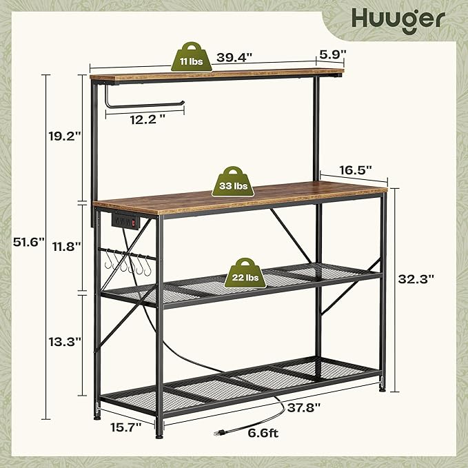 Huuger 4-Tier Bakers Rack with Reversible Power Outlet, 39.4 Inch Microwave Stand, Kitchen Bar, with Top Shelf, 6 S Hooks, White