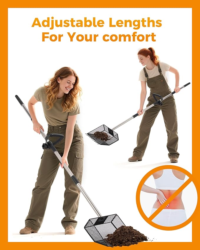 Upgraded Chicken Poop Scooper & Rake 2-in-1,Coop Cleaning Tool Metal Scoop,0.25" fine mesh Sand Sifting Shovel with 35" to 62" Adjustable Stainless Steel Handle for Chicken Coops & Farm Animals Scoop