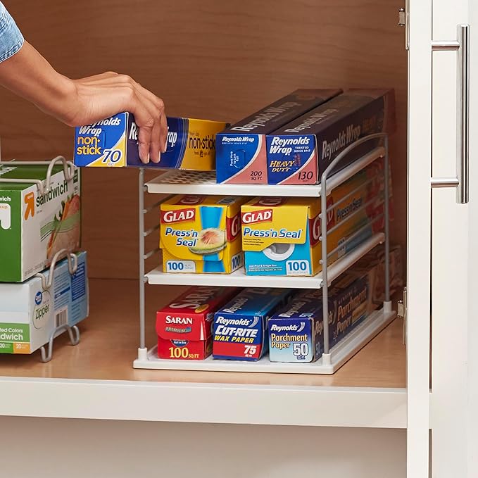 YouCopia UpSpace Cabinet Box Organizer, Adjustable Kitchen Pantry Shelf for Plastic Wrap and Foil Storage, Small Classic Edition