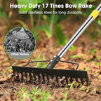 Heavy Duty Garden Rake for Leaves - 17 Tine Metal Head & Adjustable Stainless Steel Handle, 17" Wide 5.58FT Yard Rake for Shrub Leveling/Grass Care