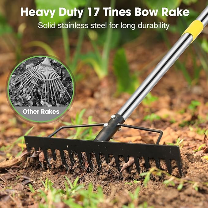 Heavy Duty Garden Rake for Leaves - 17 Tine Metal Head & Adjustable Stainless Steel Handle, 17" Wide 5.58FT Yard Rake for Shrub Leveling/Grass Care