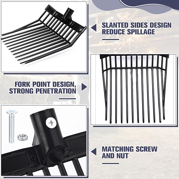 Lasnten 6 Pack Manure Fork Replacement Heads 12 Tines Heavy Duty Pitchfork Heads with Screws & Nuts Durable Horse Manure Rake for Picking up Grass Hay Animal Waste(Black)