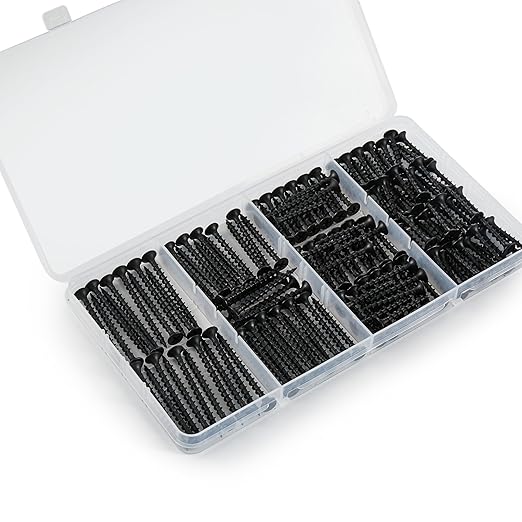 #6 Black Wood Screws for Drywall, Drywall Screw Combo Kit, 166 Pieces Coarse Threaded Slate Screw Set, Phillips Groove Self-Tapping Drywall Screws 4 Sizes 1", 1-1/4", 1-5/8", 2"