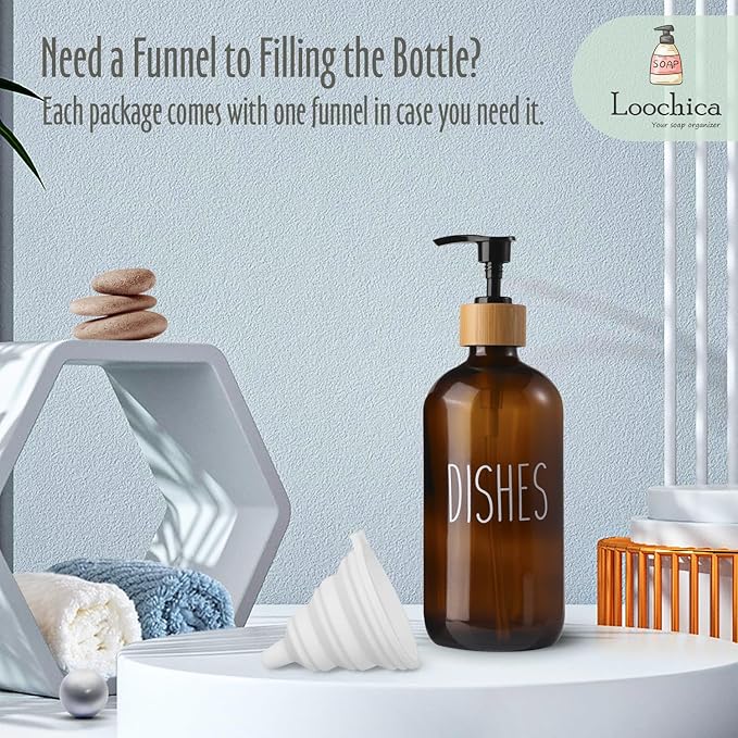 Dish Amber Glass Soap Dispenser with Plastic Pump, 16 Oz Brown Dish Soap Dispenser Set Refillable Reusable Apothecary Soap Pump Dispenser Bottles for Bathroom and Kitchen