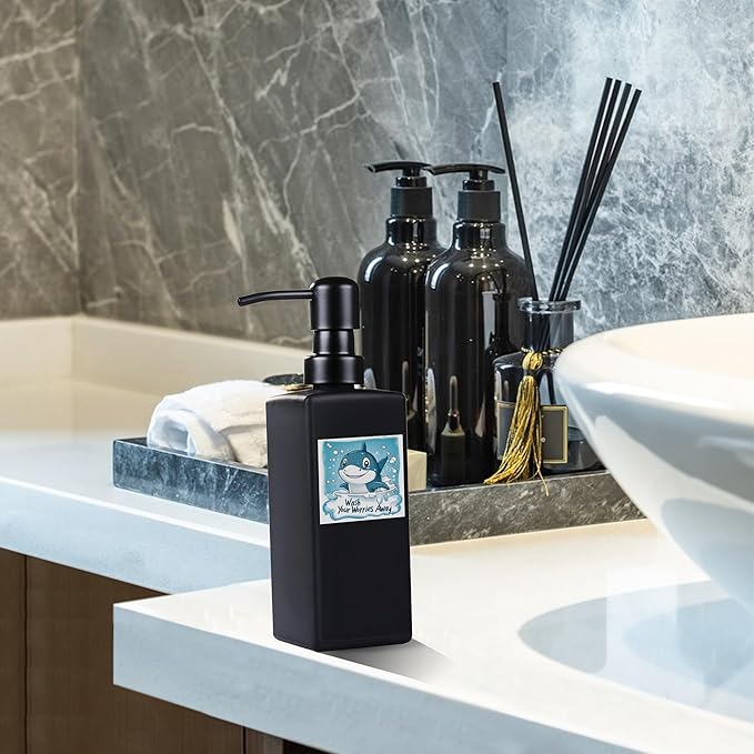 Soap Dispenser Bathroom, JINLIFA 12oz Black Glass Refillable Liquid Hand Dish Soap Dispenser (5 Labels)