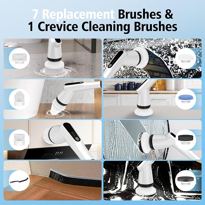 Electric Spin Scrubber, Dreazu IPX7 Bathroom Scrubber with 7 Replaceable Brush Heads & Retractable Handle, 2-Speed Adjustable Shower Cleaner Brush for Bathroom, Bathtub, Kitchen, Tile Floors