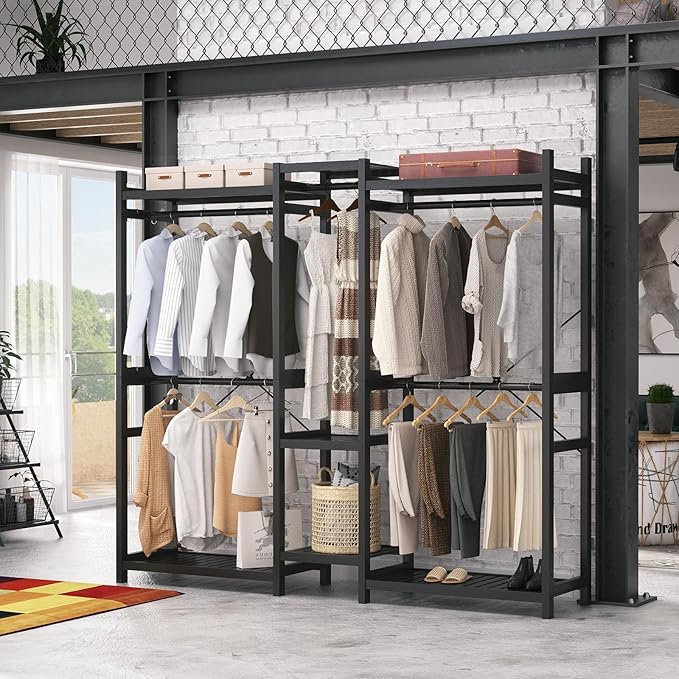 Homykic Bamboo Closet System Clothes Rack, Large Freestanding Garment Rack Clothing Rack for Hanging Clothes with 7 Storage Shelves and 5 Rods, Open Wardrobe Organizer with 4 Hooks, Black