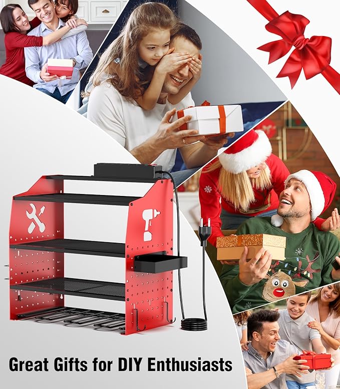 [2025 Upgraded] Power Tool Organizer Wall Mount with Charging Station, [5-Layer 220 LBS Heavy Duty], Metal Garage Tool Organizer Storage, Tool Battery Utility Racks for Room Garage Workshop Workbench