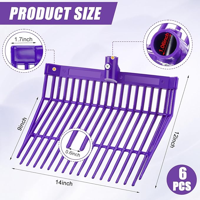 Lasnten 6 Pcs Manure Fork Head Bulk 18 Tines Pitch Fork Replacement Head with Screws and Nuts Durable Stable ABS Plastic Pitchfork for Horse Stall Picking up Manure(Purple)