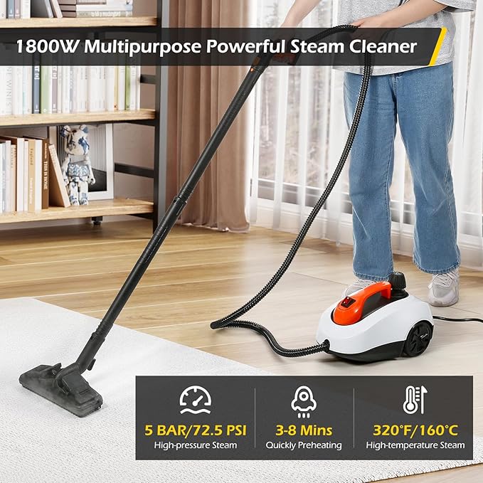 Dyna-Living Steam Cleaner 1800W Steamer for Cleaning 5 Bar Steamer Cleaner for Car Detailing 320°F High Temperature High Pressure Steamer for Carpets Floor with 1.8 L Inner Water Tank