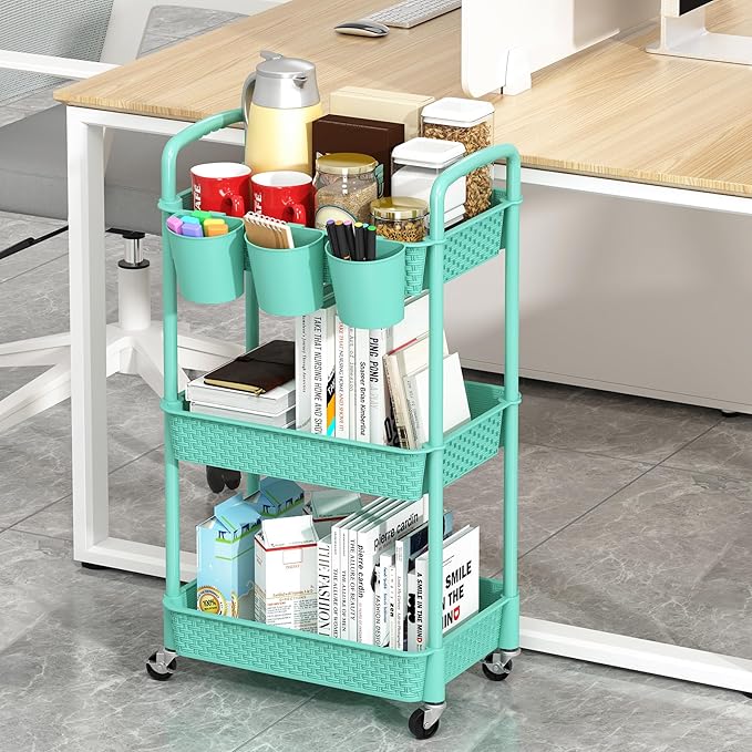 MOYIPIN 3-Tier Plastic Rolling Utility Cart with Handle,Utility Storage Cart for Office, Living Room, Kitchen,Movable Storage Organizer Shelves,Turquoise with 3 Hanging Cups
