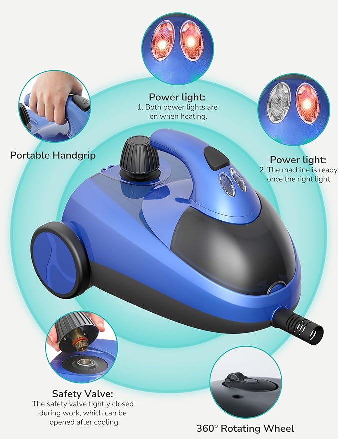 Steam Cleaner for home, 80PSI 293°F Multipurpose Heavy Duty Canister Steamer,Built-In Storage, Handheld Steam Mop for Home Car Upholstery Bed Furniture Carpet Bathroom Tile Grout Floor Cleaning, Blue