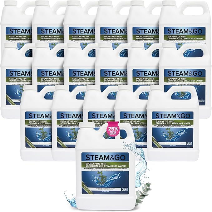 Steam & Go Demineralized Water for Steam Cleaner, PVC-Free Floor Cleaner Liquid Compatible With Any Steam Mop, Ready-to-Use Multisurface Cleaner, Scented, Eucalyptus Mint, 32 oz, Pack of 18