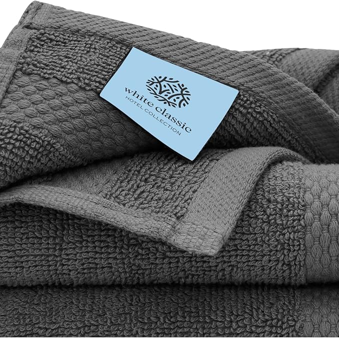 White Classic Luxury Cotton Washcloths 13x13 Inch - 650 GSM Turkish Cotton | Hotel, Spa, Bathroom Face Towel | 12 Pack, Dark Gray