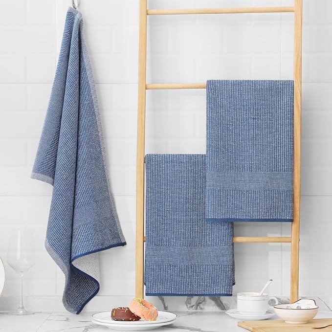 Homaxy Premium Kitchen Towels(18”x 28”, 12 Pack), Large Cotton Kitchen Hand Towels, Flat and Terry Dish Towels, 380 GSM Highly Absorbent Tea Towel Set with Hanging Loop, Navy Blue/Red/Green