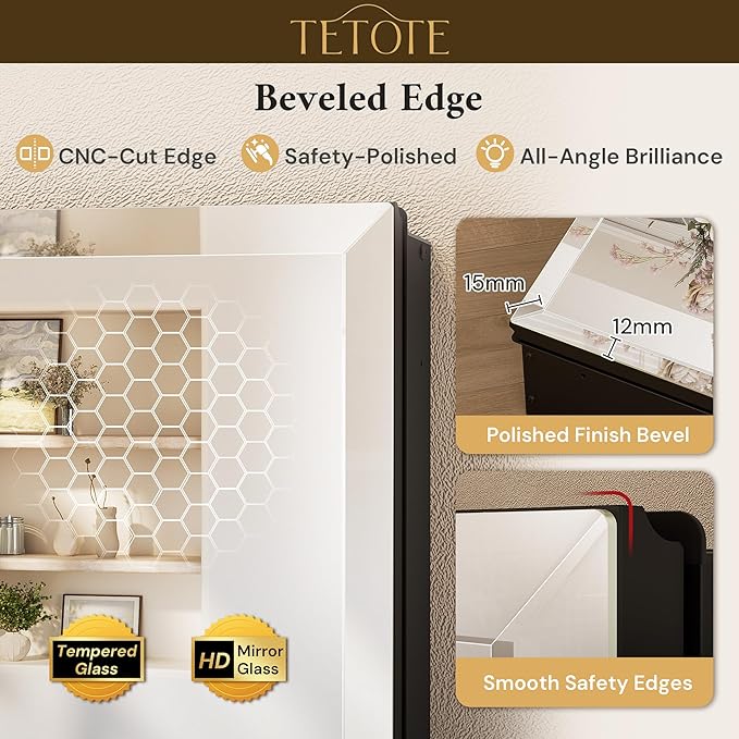 TETOTE 40 x 32 Bathroom Mirror with Storage with Tempered Beveled Mirror Black Medicine Cabinet Aluminum Cabinet DTC Hinges, Stepless Adjustable Shelves, Recessed/Surface-Mounted