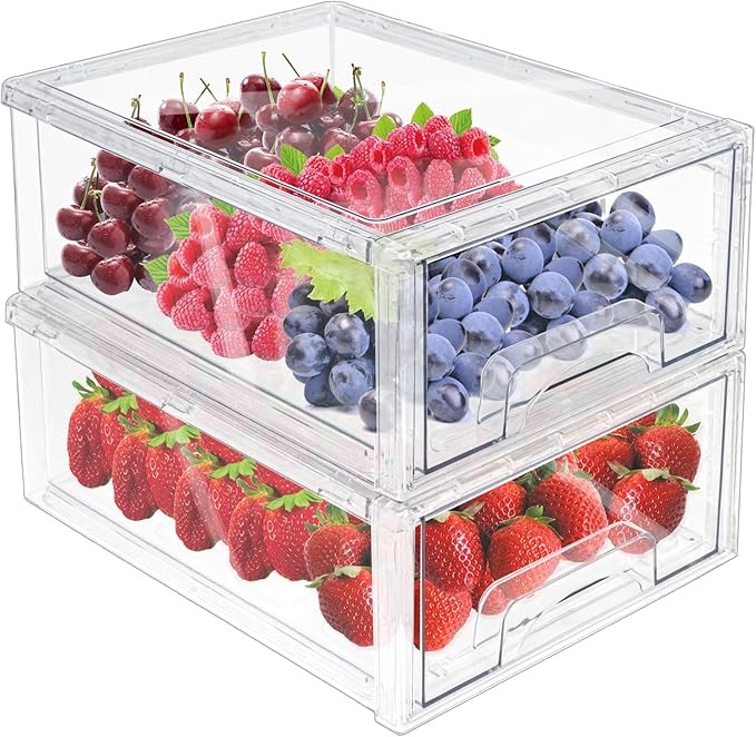 MANO 2Pack Clear Fridge Drawers Pull Out Stackable Refrigerator Drawer Organizer Bins Pantry Storage Box Plastic Food Containers for Kitchen Bathroom Office Closet (Large)