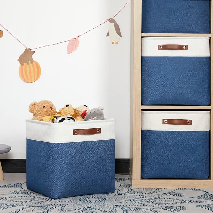 HNZIGE Cube Storage Baskets for Shelves, Fabric Storage Basket with Handles for Organizing Clothes, Toys, 13 inch Cube Storage Bins for Storage Clothes, Toys, Closet, Nursery(Blue White)