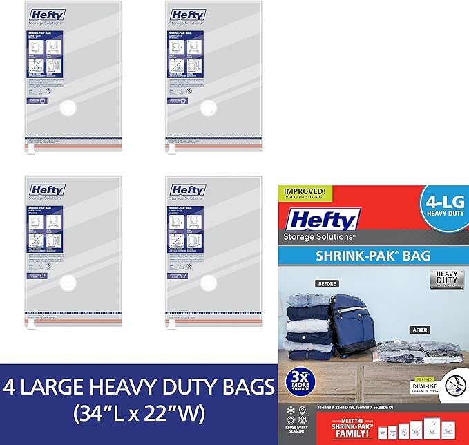 Hefty Shrink-Pak Heavy Duty Vacuum Storage Bags – For Clothes, Pillows, Towels, Blankets & More – Space Saver Vacuum Suction Seal for Home or Travel – 4 Large Bags, 34 x 22 Inches