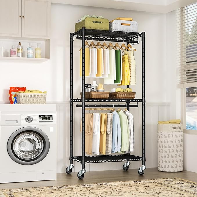 P3 Mini Rolling Clothes Rack, Clothing Racks for Hanging Clothes, Heavy Duty Garment Rack with Wheels, Freestanding Portable Closet Rack 23.6'' W x 14'' D x 78.5'' H, Max Load 430 Lbs, Black
