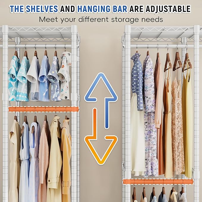 Raybee 88.2" W Clothes Rack Heavy Duty Clothing Racks for Hanging Clothes Extra Wide Portable Closet Loads 1200LBS Freestanding Garment Rack for Bedroom 88.2" W x 75.6" H x 15.7" D, White