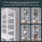 HITNET Bookshelf, 6-Tier Tall Bookcase Freestanding Bamboo Book Shelf Bathroom Storage Organizer with Adjustable Shelves, White