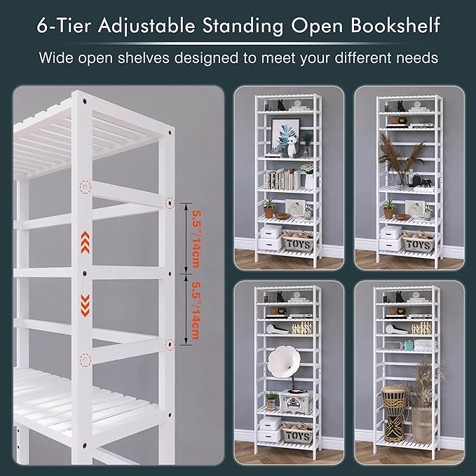 HITNET Bookshelf, 6-Tier Tall Bookcase Freestanding Bamboo Book Shelf Bathroom Storage Organizer with Adjustable Shelves, White