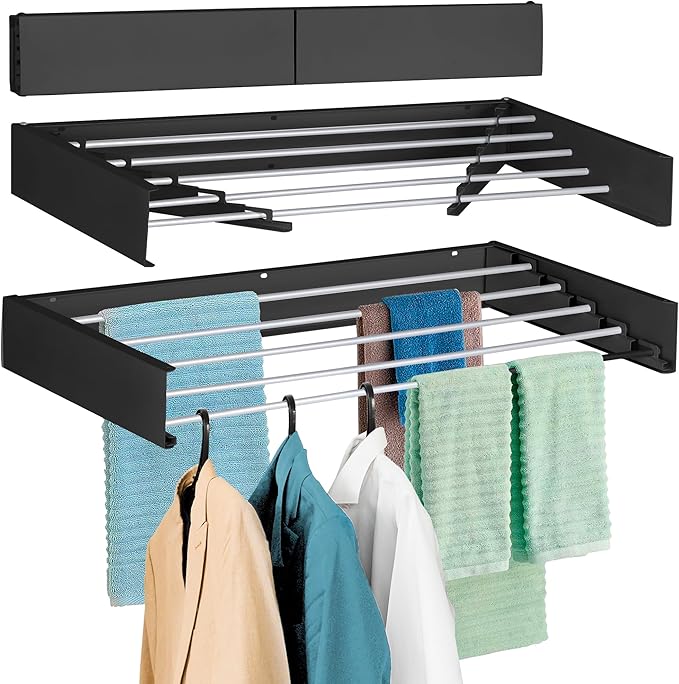 FOCHIER F Laundry Drying Rack Wall Mounted Clothes Drying Rack Collapsible with 5 Aluminum Rods and Drilling Template Long Screwdriver Bit 60 lbs Capacity (Black, 31.5")