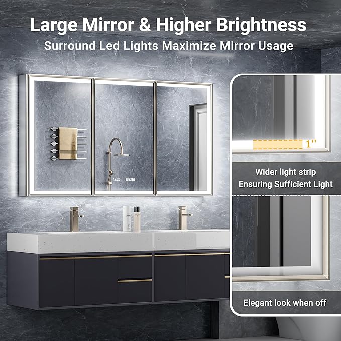 60x30 Lighted Medicine Cabinet with Mirror, Beveled Brushed Nickel Framed Surface or Recessed Fogless Dimmable LED Medicine Cabinet with Outlet, Time Display and Sensor Inner Light
