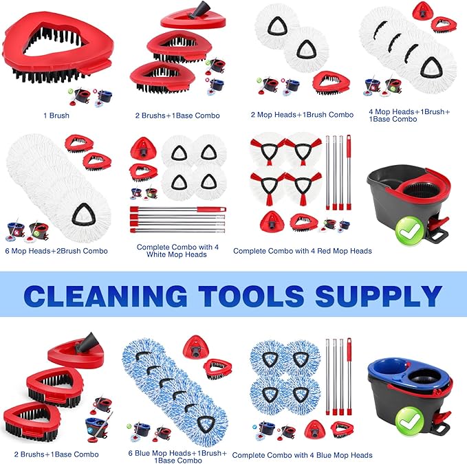 Mop Replacement Heads 6 Pcs & 1 Scrub Brush & 1 Base Combo,Spin Mop Replacement Head for Ocedar RinseClean 2-Tank System,Easy Cleaning,Microfiber,Machine Washable for Bathroom,Kitchen,Tub and Tile