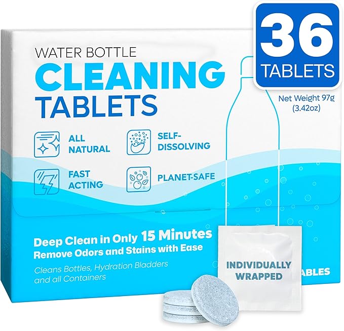 Sudstainables Water Bottle Cleaning Tablets – 36-Pack, Chlorine-Free and Odorless Cleaner for Hydration Bladders, Stainless Steel, Tumblers, and Glass Bottles - Removes Stubborn Stains and Odors
