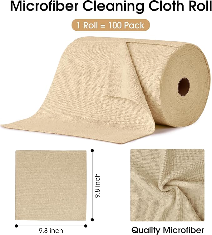 KitchLife Microfiber Cleaning Cloth Roll, 100 Pack - Tear-Away Microfiber Paper Towels, Lint-Free, Reusable, Washable for Kitchen, Car, Dishes, and Sensitive Surfaces (Wheat)