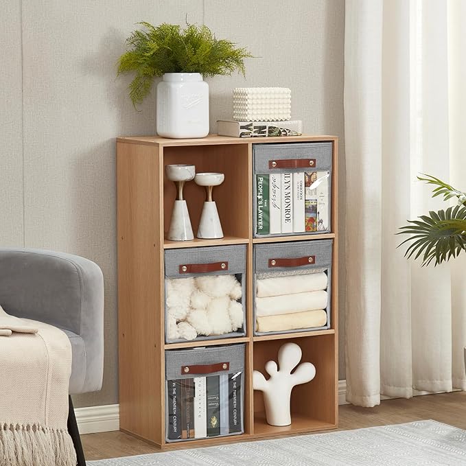 Storage Cube Organizer with Clear Window, Linen Collapsible Storage Boxes with PU Handles, Cube Storage Bins for Shelf, Closet, Cabinet, Bookcase (10.5x10.5x11, Gray)