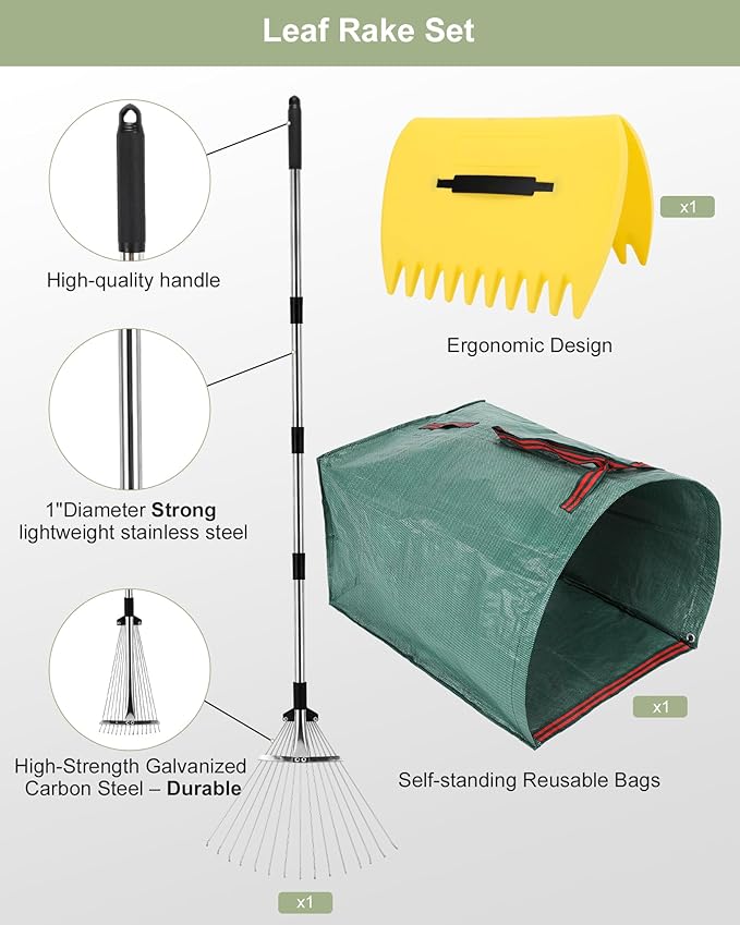 Leaf Rake Set: Adjustable Metal Leaf Rake with Expandable Head, 53 Gallon Reusable Collapsible Leaf Bag & Leaf Scoops Pick Up - Garden Leaf Collector Bag Holder Tools Lawn Yard Waste Cleaning