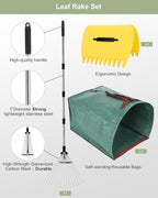 Leaf Rake Set: Adjustable Metal Leaf Rake with Expandable Head, 53 Gallon Reusable Collapsible Leaf Bag & Leaf Scoops Pick Up - Garden Leaf Collector Bag Holder Tools Lawn Yard Waste Cleaning
