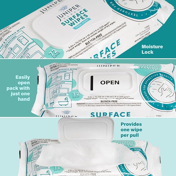 3 Pack Surface Cleaning Wipes Bleach Free, All-Purpose Cleaner for Bathroom, Kitchen, Office, 72 Count Soft Flow, Fresh Scent, Lint Free & Durable