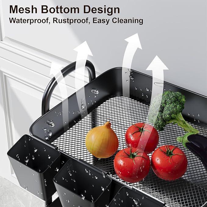 3 Tier Metal Rolling Cart with Lockable Wheels, Black Three Tiered Utility Storage Organizer Carts on Wheels for Bathroom, Kitchen, Laundry, Garage, Office, Craft, Art, Baby, Diaper Caddy, Snack, Book