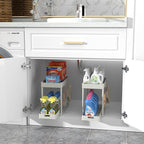 2PC Under Sink Organizer Rack 2 Tier Under Sliding Cabinet Basket Organizer Drawer with 4 Hooks, Multi-purpose Under Sink Storage for Bathroom Kitchen Desktop（White）