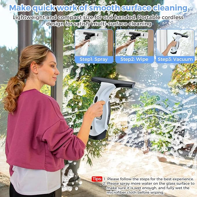 Cordless Window Vacuum Cleaner, Window Cleaner Squeegee Tool Set, Electric Windown Spray Cleaning Tool with 10 inch Squeegee Blade for Showers,Mirrors,Glass,Countertops,and Tiles, 2200mAh