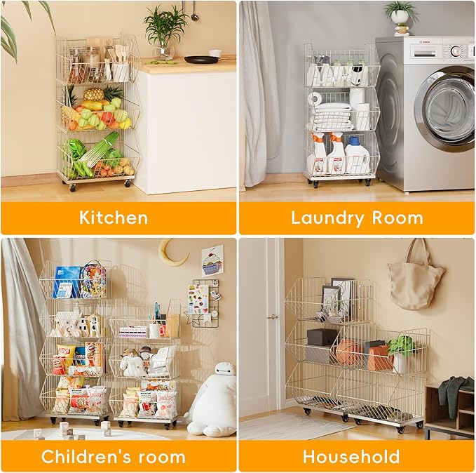 Heavy Duty Standing Metal Shelving Unit, Wire Storage Basket with Wheels, Folding Shoe Racks, Clothing Sweaters Shoes Handbags Organizer for Kitchen Garage Pantry Porch (3-Tier with Base)