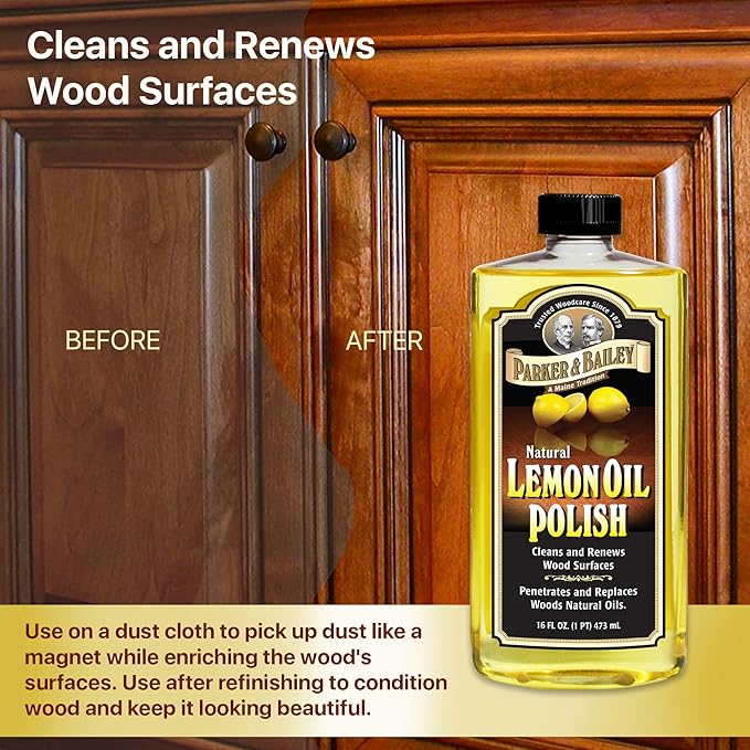 PARKER & BAILEY LEMON OIL POLISH - Natural Lemon Scented Wood Cleaner & Furniture Polish, Cleans, Renews, Restores & Rejuvenates Wood Surfaces, 16oz